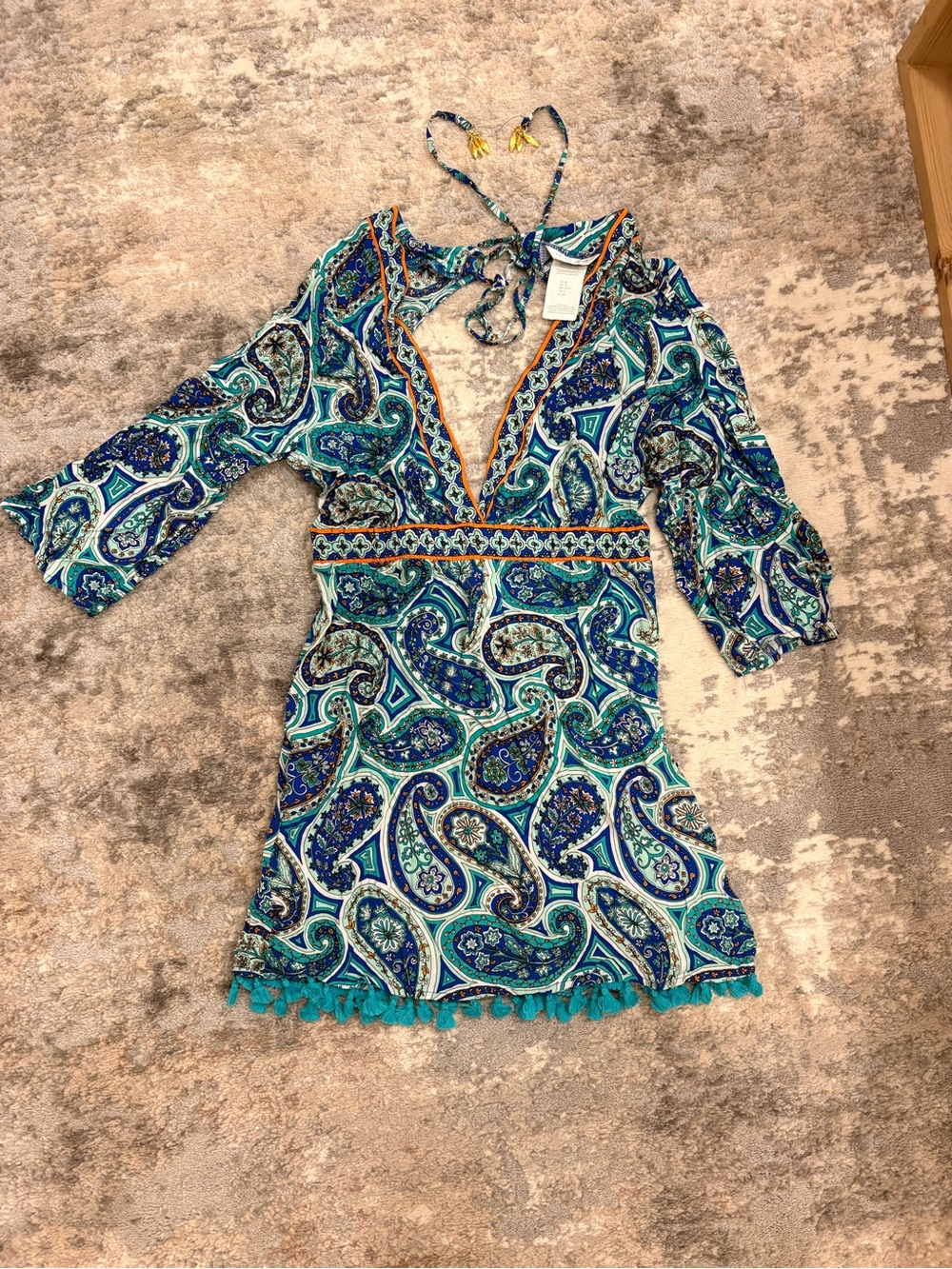 Trina Turk Teal and Navy Paisley Halter Dress with Tassel Trim